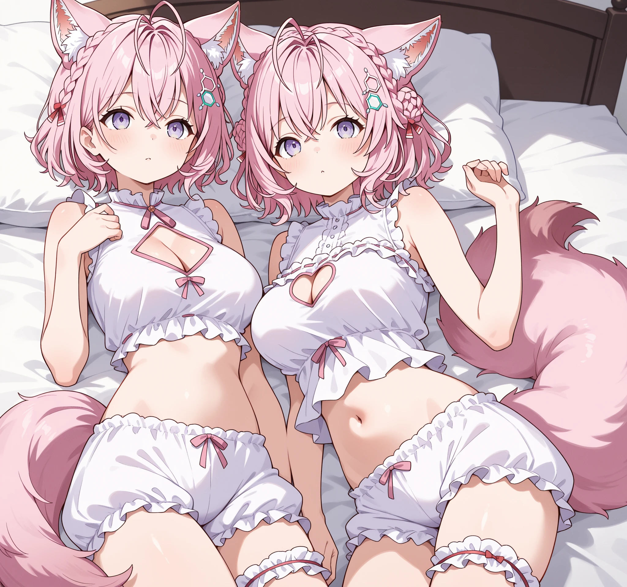 sfw,perfect anatomy,perfect human structure,(masterpiece:1.4),(best quality:1.4) ,(highres), 8K,beauriful and detailed, (Detailed Face:1.4), (Detailed Hair:1.2), ultra detailed,(Beautiful and detailed eyes:1.3),(Beautiful and detailed face:1.3),(Beautiful Breasts:1.4), (beautiful face:1.4), (Detailed Eyes:1.4), (Detailed Fingers:1.3),super detailed skin,gleaming skin,pale skin,shiney beautiful skin,Natural and beautiful light,BREAK


 mash_kyrielight_fgo,mash_kyrielight, short_hair, purple_eyes, (hair_over_one_eye:1.2), blush, breasts, pink_hair, bangs, smile, large_breasts, mashdbc, elbow gloves, fur-trimmed gloves, fur-trimmed legwear, fur collar, Fur trim, o-ring, purple gloves, purple thighhighs, wolf ears, navel, o-ring, o-ring top, pinky out, purple gloves, purple thighhighs, revealing clothes, thighhighs, wolf ears, wolf girl, BREAK


 (paw pose:1.4), lying on bed, on back, legs up,spread legs,looking at viewer,bed pillow,BREAK 


(embarrassed,blush:1.4),(Watery eye),Heavy breathing,sweat,(steam:1.1),(parted lips),I'm so embarrassed that I almost cry,Shyness,shame,Enduring embarrassment,Embarrassed and crying,BREAK 

from front shot,cowboy shot,