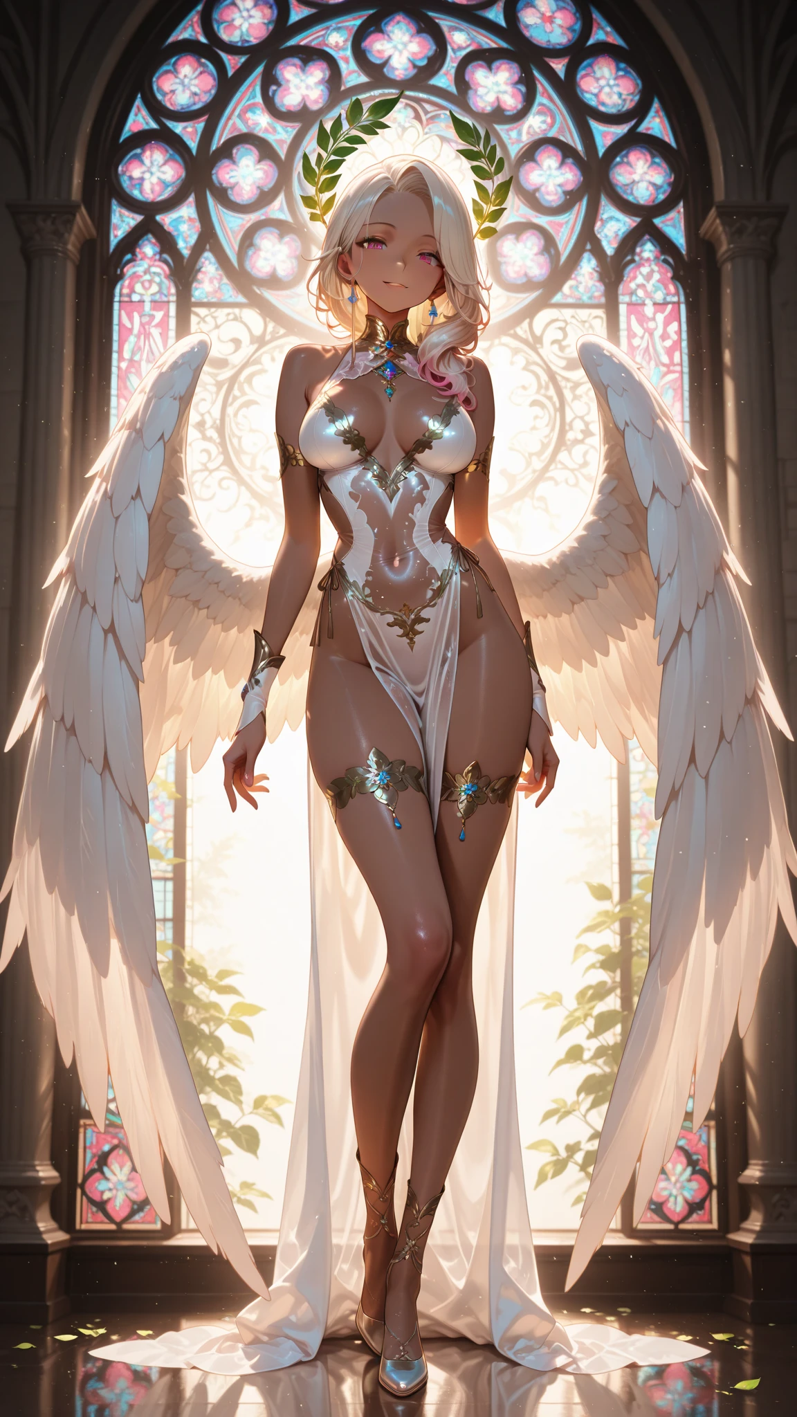 female cosmic fallen angel, bright light eyes, deeply sexy, sensual, otherworldly, enchanting, dreamy, Very bright colors, light particles, with luminous light, Mshiff, wallpaper art, UHD Wallpaper, topless, huge breasts , thin waist, long legs, hot. obra de arte, detalhado.