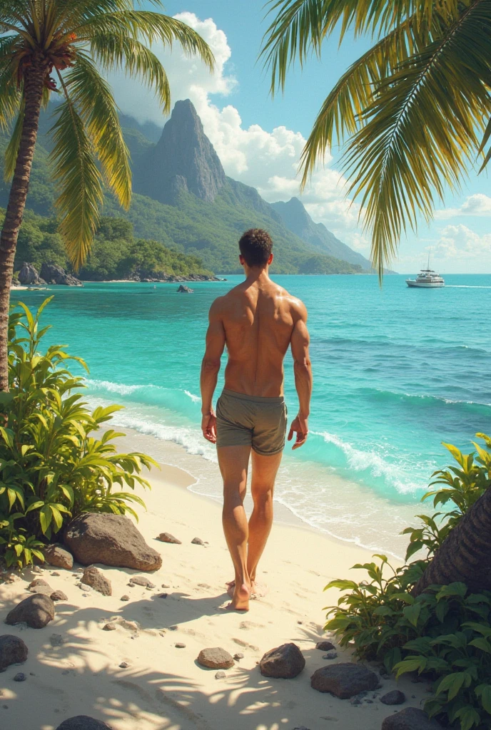 (extremely detailed and high-quality illustration),(Better lighting and shadow effects, ultra-realistic), Praia, homem jovem com um tom de pele de trigo e cabelo branco claro curto, Looking at the ocean with a thoughtful expression,Muscle