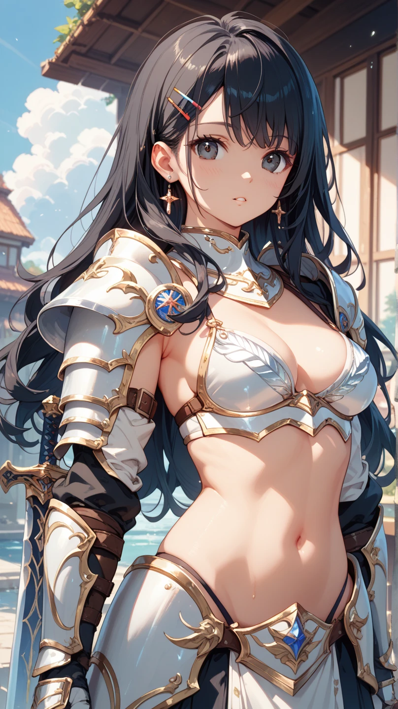 ((high resolution)), ((pale skin)), freckled, brunette girl, with blue eyes, blush cheeks, Wavy hair, smiling, Kale, like a fantasy warrior, sexy armor with exposed breasts, pubic-hair