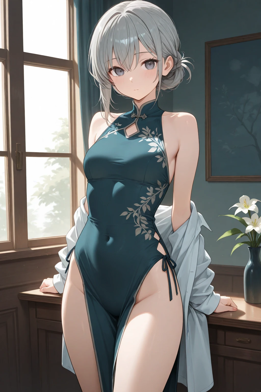 masterpiece, Highest quality,Dutch Angle ,Beautiful attention to detail, Visual Arts,Five Fingers, Perfect hands,yuishousetsu, Gray Hair,ponytail, Tassel Earrings,(Playboy Bunny),Green leotard,Green rabbit ears,(thin),(skinny),Small breasts,indoor, Japanese architecture,blush,Embarrassing,Furrow one&#39;s brow,Looking at the audience,Kneel,Put your arms behind your head,