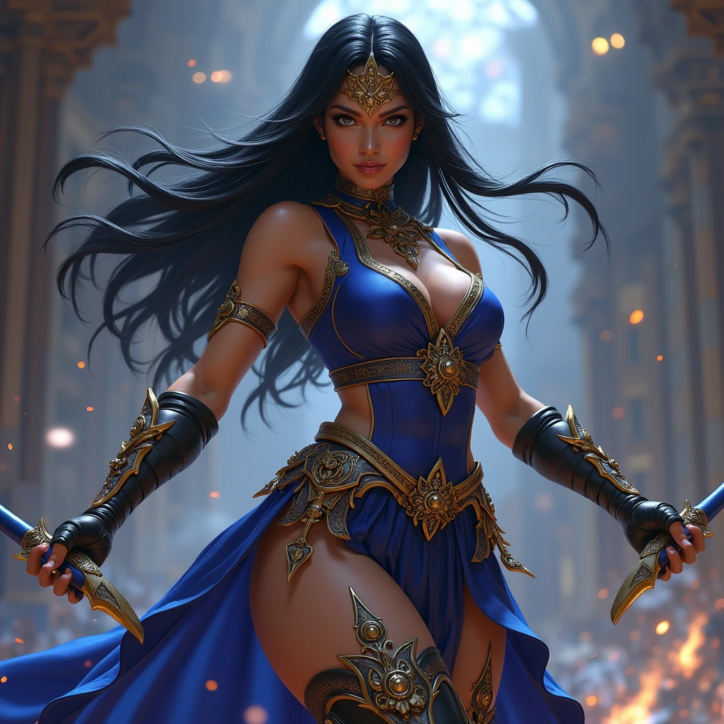 Dark-skinned adult woman with long straight hair, huge breasts，Gold ruby forehead protector，Squinting eyes，Blue silk clothing，Bare shoulders，Bracelet，cleavage，briefs，transparent long skirt，Bare Legs，sandals，Standing，river，desert