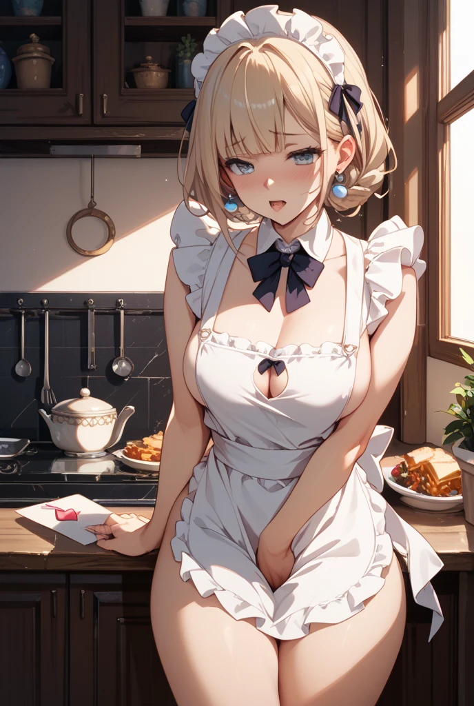 (dynamic angle:1.3, from front:1.1, breast focus:1.3, from above:1.2), (dynamic posing:1.5, sexy posing:1.3, leaning forward), (seductive smiling:1.3),masterpiece, 1girl, pointed chest:1.3,(double breasted:1.2,under bust:1.2), Amazing Cleavage:1.3, thin waist, big ass, Raised sexy, small breast: 1.2 posed cleavage:1.1, looking at viewer, open mouth, platina bronde hair, blue eyes, bare shoulders, collarbone, sidelocks, hairband, sapphire earrings, indoors, red off shoulder sweater dress, arms behind back, short hair with long locks, blue gold hairband, big side hair, very long side hair is rendered in (masterpiece: 1.2, best quality), with (ultra high resolution) and an exquisite (depth of field). This masterpiece is not only visually stunning but also tells,A scene of cooking in the kitchen
