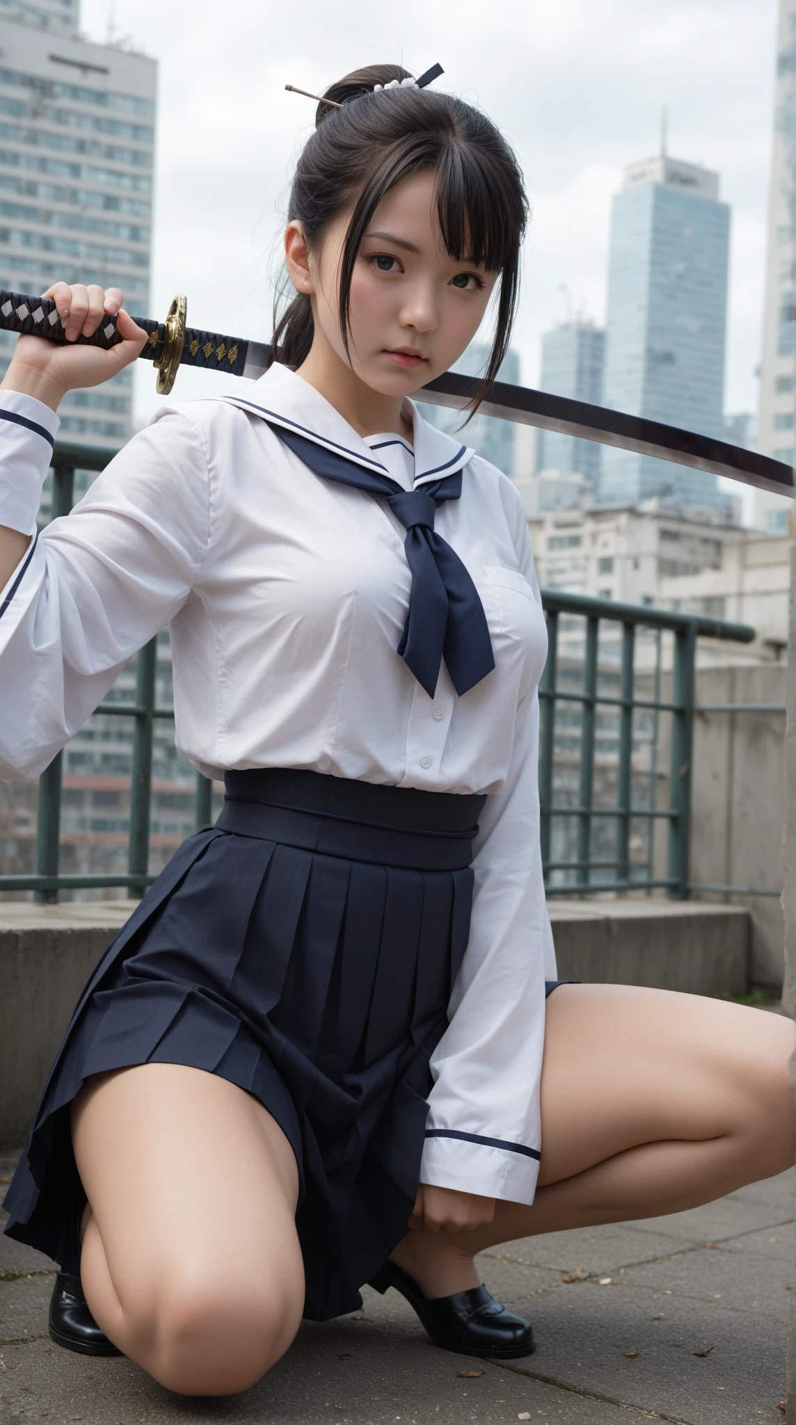 (masterpiece, highest quality:1.1), Warrior (dq3), One girl, alone, Long Hair, Twin tails, View Viewer, Black Hair, hair ornaments, Long sleeve, Small breasts,Beautiful cherry-colored areola、Erect nipples、Narrow waist、Shaved、 Mouth closed, Cowboy Shot, Iris, Raise your arms, Short-hemmed Chinese clothing, No underwear、No underwear、Hair ties, Clenched hands, Combat Stance, Yin and Yang simple background 、High Kick、She spreads her legs wide and does a high kick、Her clothes are turned up and her underwear is exposed、Chinese boxing、Raise one leg high and kick、