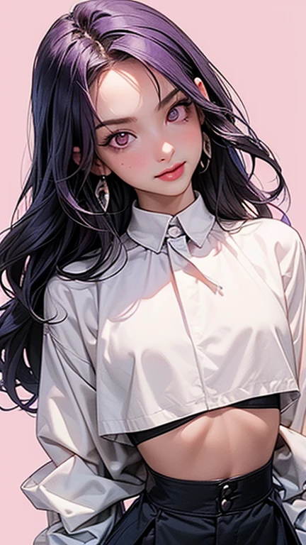Femboy, pretty, long wavy black hair, green eyes, pink cardigan, white crop top, black skirt, boy, flat chest