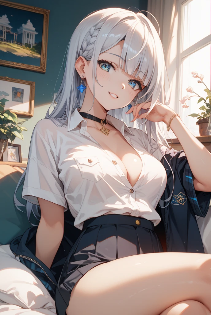 1 girl, white hair, hair bobbles, wince, long eyelashes, solid circle eyes, fake animal ears, light smile, blush ear, tusk, drop shadow, anaglyph, stereogram, tachi-e, pov, motion blur, film grain, flower, mix, cinematic lighting, ccurate, UHD, high detail, best quality, highres, high quality, textured skin, masterpiece, super detail, medium breasts,  blue eyes, office background, detailed background, super detailed eyes, clothes with neckline