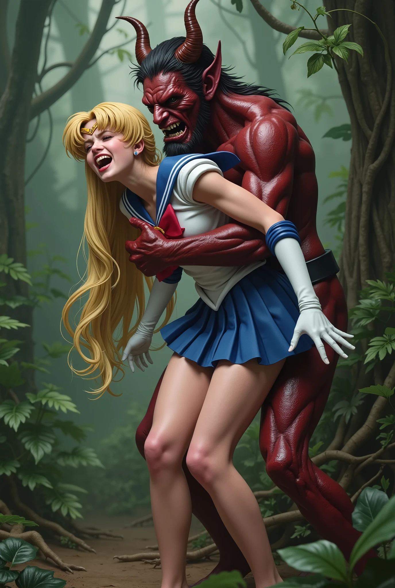 Hyperrealism, masterpiece, highest quality, A young Japanese woman is bending down and hugging from behind by a devil, ((she is crying and screaming in pain)), tears from her eyes, painful face, she is wearing a Sailor Moon costume, Blue sailor collar, Blue short mini pleated skirt, she is wearing a very short blue mini pleated skirt, (upskirt:1.8), Long white gloves, shiny beige color pantyhose, Exposed thighs, red long boots, big choker, long blonde Hair, a devil is standing sexual assault her from behind, the devil is hugging her tightly and push his private part into her body, in the jungle,