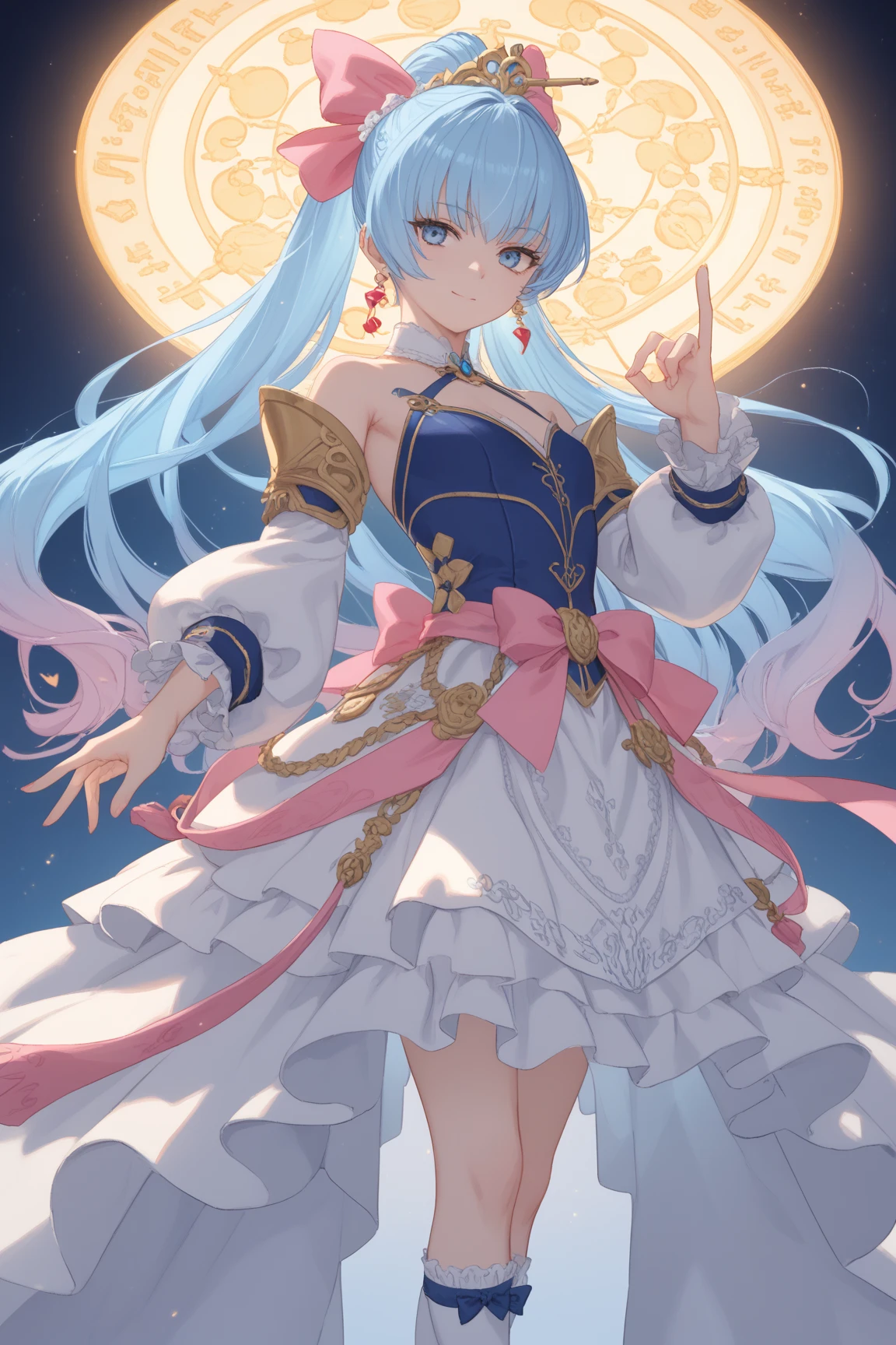 2d, masterpiece, best quality, anime, highly detailed face, highly detailed eyes, highly detailed background, perfect lighting, full body, 1girl, solo, tsukumo sana, hair ornament, low twintails, ahoge, smile, dress, halterneck, blue skirt, white skirt, elbow gloves, sideboob, standing, barefoot, starry background <lora:sana-000020:0.7>