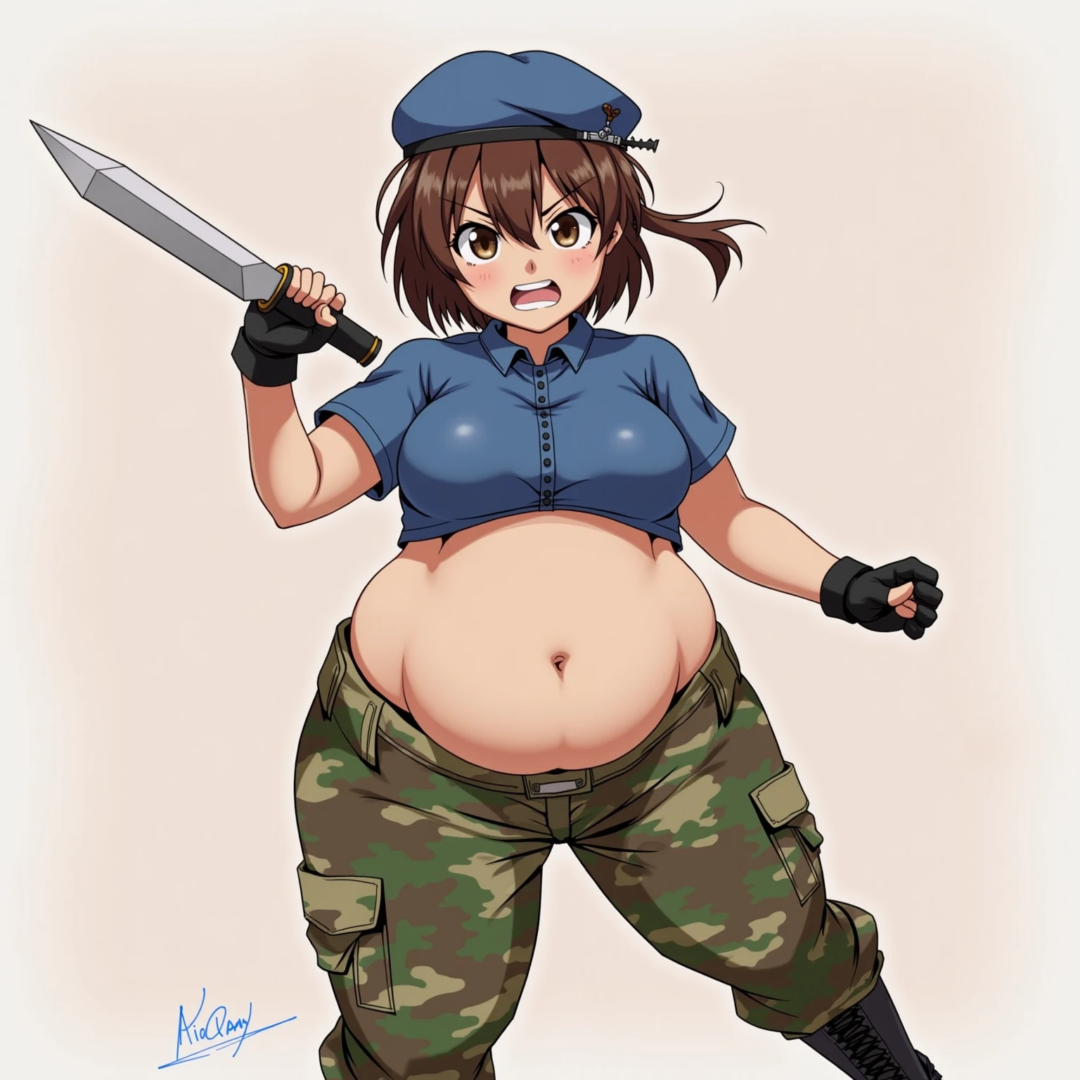 zPDXL solo, 1 woman, adult, long brown hair, green eyes, standing, flirty, seductive, sexy, medium breasts, round breasts, obese, belly hang, black short sleeve shirt, midriff, black low rise pants, black tactical belt, fingerless gloves, shoulder holster, ponytail, plain black baseball hat