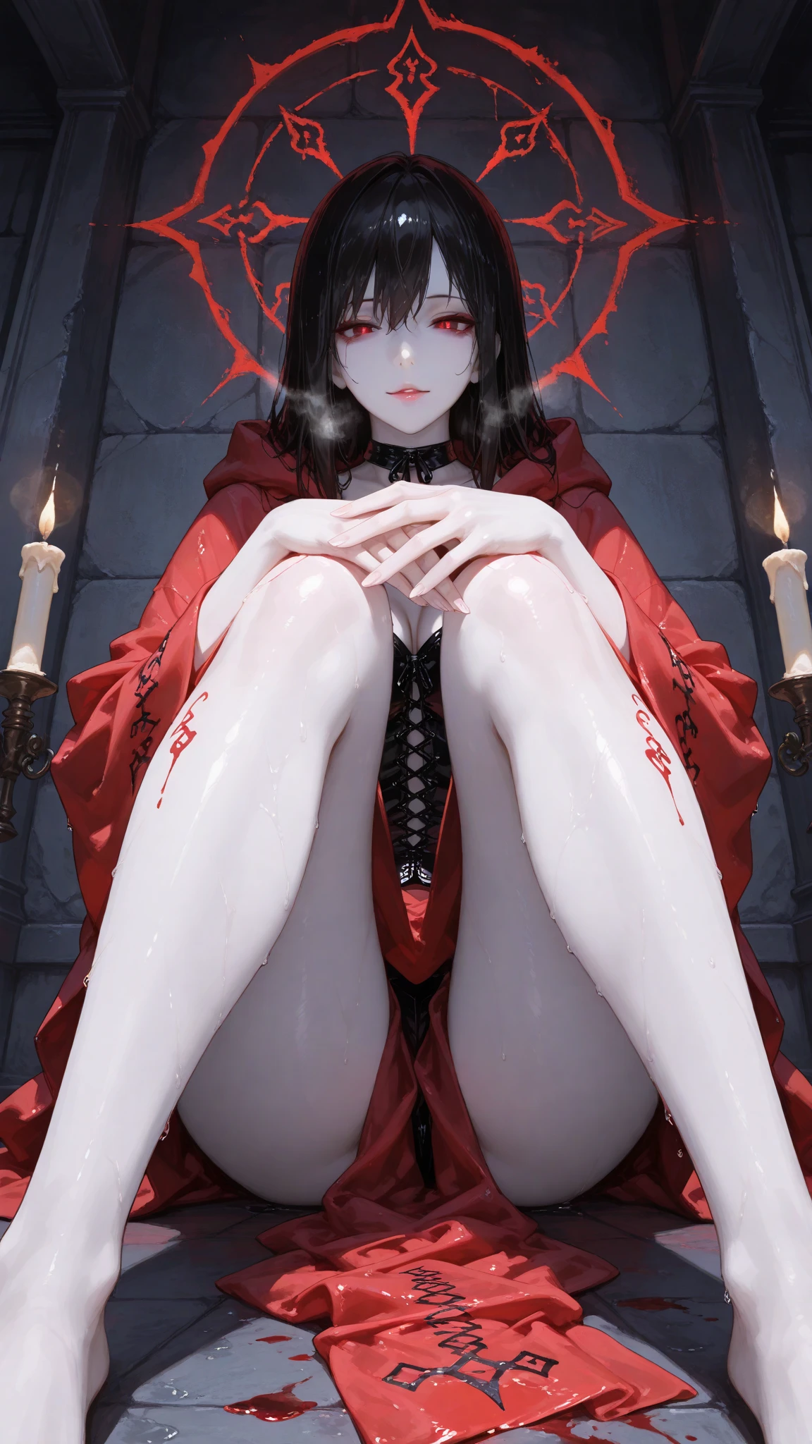 Ultra high precision、high resolution、(Naked girl sitting with her legs thrown out on the floor, looking at the floor:1.4)、Pretty face、black hair、pubic hair is growing、 ((While crying))、smaller breasts、empty eyes　((white mucus dripping from genitals))..、In the ruins、(Burgundy long-sleeved dress with ruffles and lace decoration:1.4)、Flat Pumps、silver hair