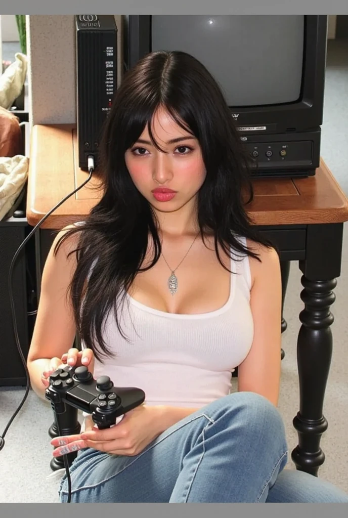 ((NSFW 1.2, PORN 1.2, NAKED 1.2)), ((FULL BODY SHOT 1.3)), ((20 year old girl 1.2, adult woman 1.2, adult face 1.2, seductive facial expression 1.2, seductive facial expression 1.2)), ((Selena Gomez is a gamer girl 1.2, playing video games 1.2, holding a PlayStation joystick 1.2, wearing gaming headphones 1.2, wearing a pink hoodie 1.2)), ((curvy woman 1.2, wide hips 1.2, alluring figure 1.2, nice breasts 1.2)), ((dynamic sexy pose 1.2, highly sexually seductive pose 1.2, sexually suggestive 1.2, perfect cleavage 1.2, perfect ass 1.2)), (masterpiece, best quality:1.2), 1girl, solo, (best quality,4k,8k,high resolution,masterpiece:1.2), realistic (1.37) girl, ((hyper realistic 1.2)), ((highly detailed face 1.2, Detailed facial features 1.2)), ((set in a game room 1.2, red and black gaming chair 1.2, floor carpet 1.2, lava lamp 1.2, TV and PlayStation console 1.2, cinematic lighting 1.2, highly detailed background 1.2))