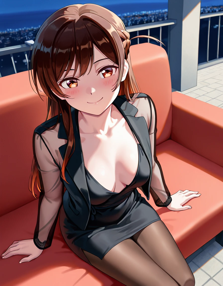 （（super high quality,Ultra-high resolution,16K,super masterpiece,Ultra HD ,Detailed shading,））Sunset room,Sit on the sofa,One sexy mature woman,Cleavage,Sexy pink dress shirt,popped Tight collar,Red tight skirt that reaches below the knee, Looking at the camera,Brown medium long hair,smile,blush,