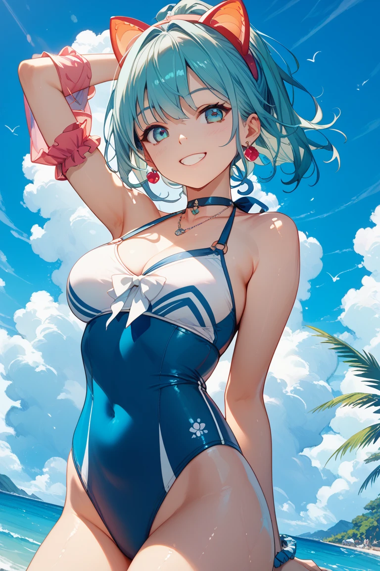 best image quality、highest quality、8K、upper body、thighs、light blue hair、bob hair、blue eyes、swimsuit、I can see your belly button、I can see your stomach、starry sky、beautiful breasts、smile、closed mouth、night、night景