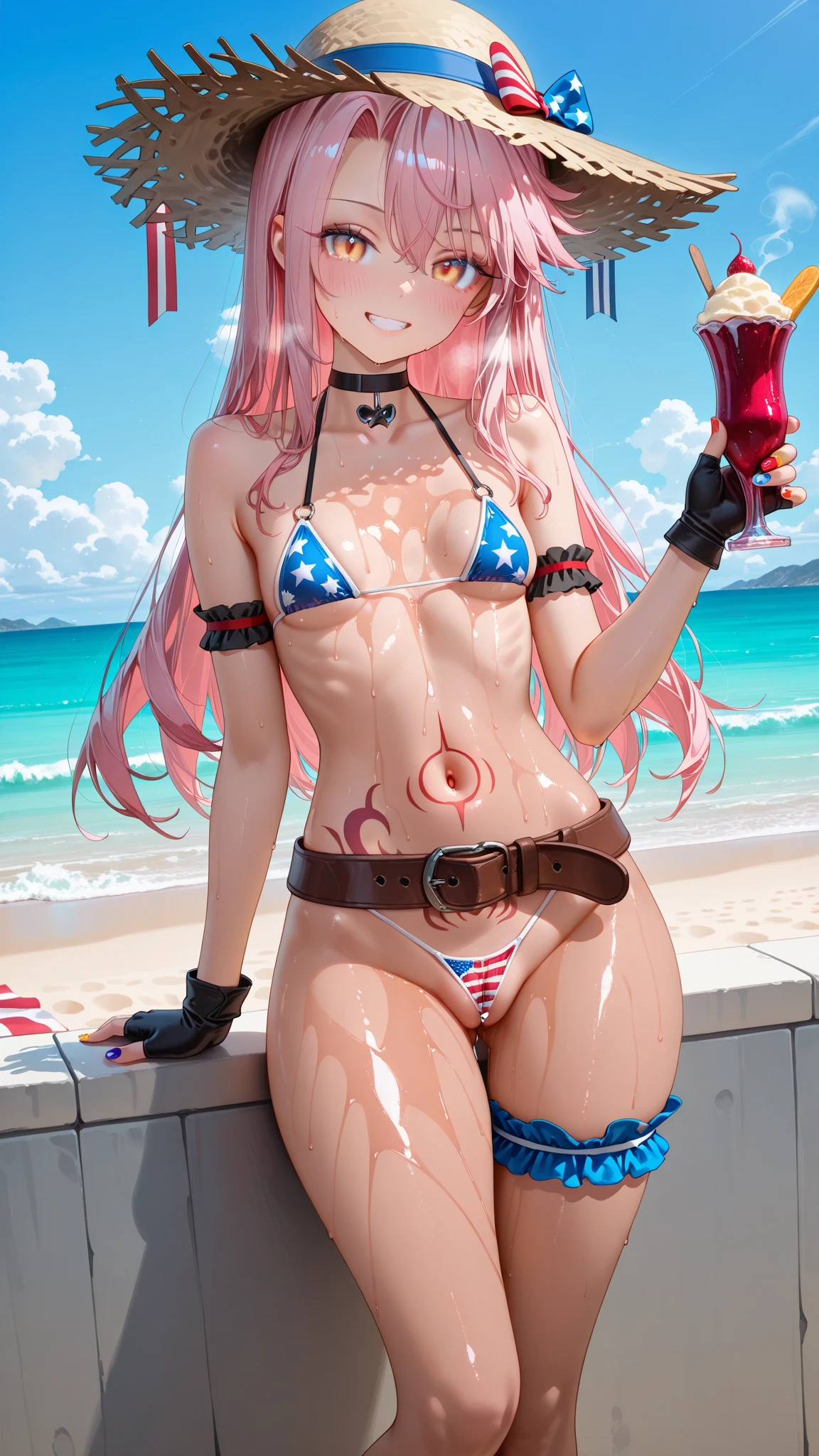 lindo, (obra-prima: 1.2), (melhor qualidade: 1.2), NSFW, perfect lighting,1girl, esclera vermelha,pupilas vermelhas, ciborgue, tatuagem, Bronzeada, body covered in oil, cabelos verdes,pele colorida, tetas de ruge, anatomia perfeita, 8k, perfect hands,((obra-prima)), (melhor qualidade) textura, 8k, sbikini, praia