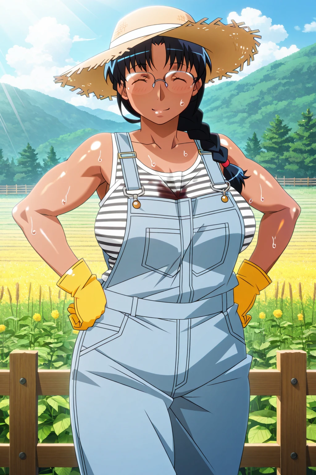 <lora:HatarakiAri-PonyXL-1024px:0.9>
source_anime,,
1girl, solo, hands on hips, cow_girl,, wearing (blue overalls, white shirt), muscular female, cow horns, cow_tail, large breasts, breast_press, long black hair, black eyes, smile, open mouth, biceps, triceps, sleeveless, impossible clothes, outdoors, farm background
