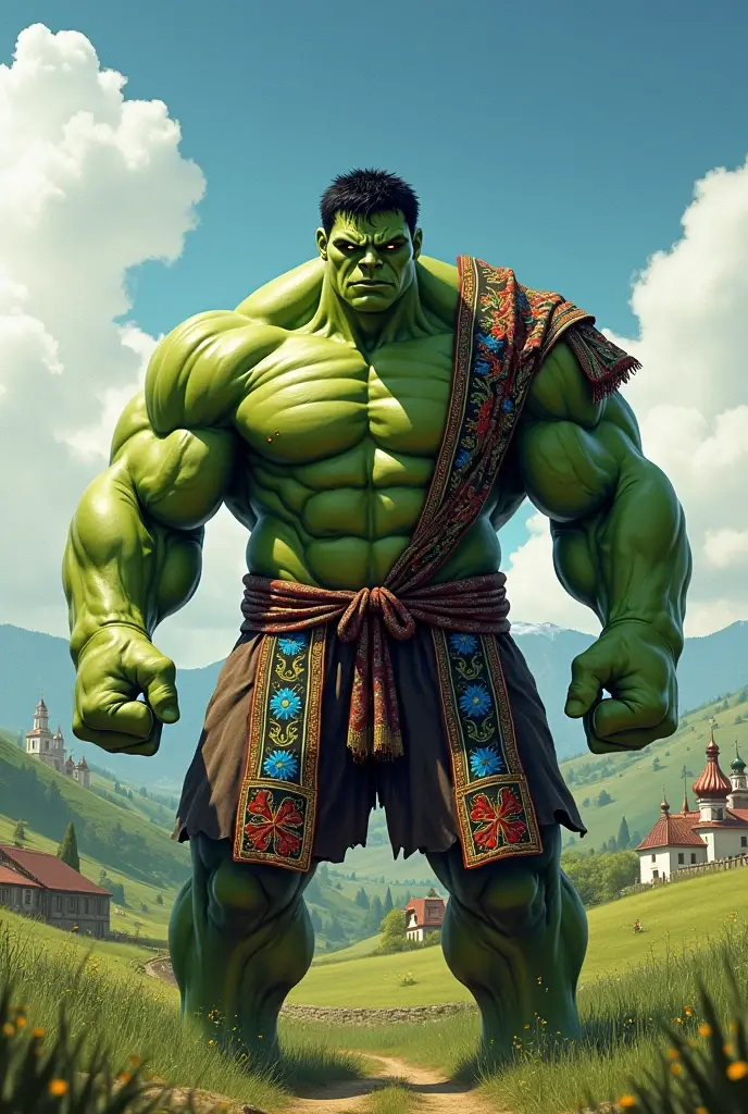 Captivating and hyper-realistic life-size portraits、The towering figure of the Green Hulk is seen striding over the ancient city of Bagan at dusk.。Muscular form、Emerald Skin、Intricate details of Hulk-like features、It is presented with cinematic grandeur.。The temples of Bagan are enveloped in the golden halo of the setting sun.、It provides a breathtaking backdrop to this enchanting scene.。Green Hulk's eyes、Shining with intense, focused gaze、It seems to capture the attention of the viewer as they continue on their journey, leaving them in awe.