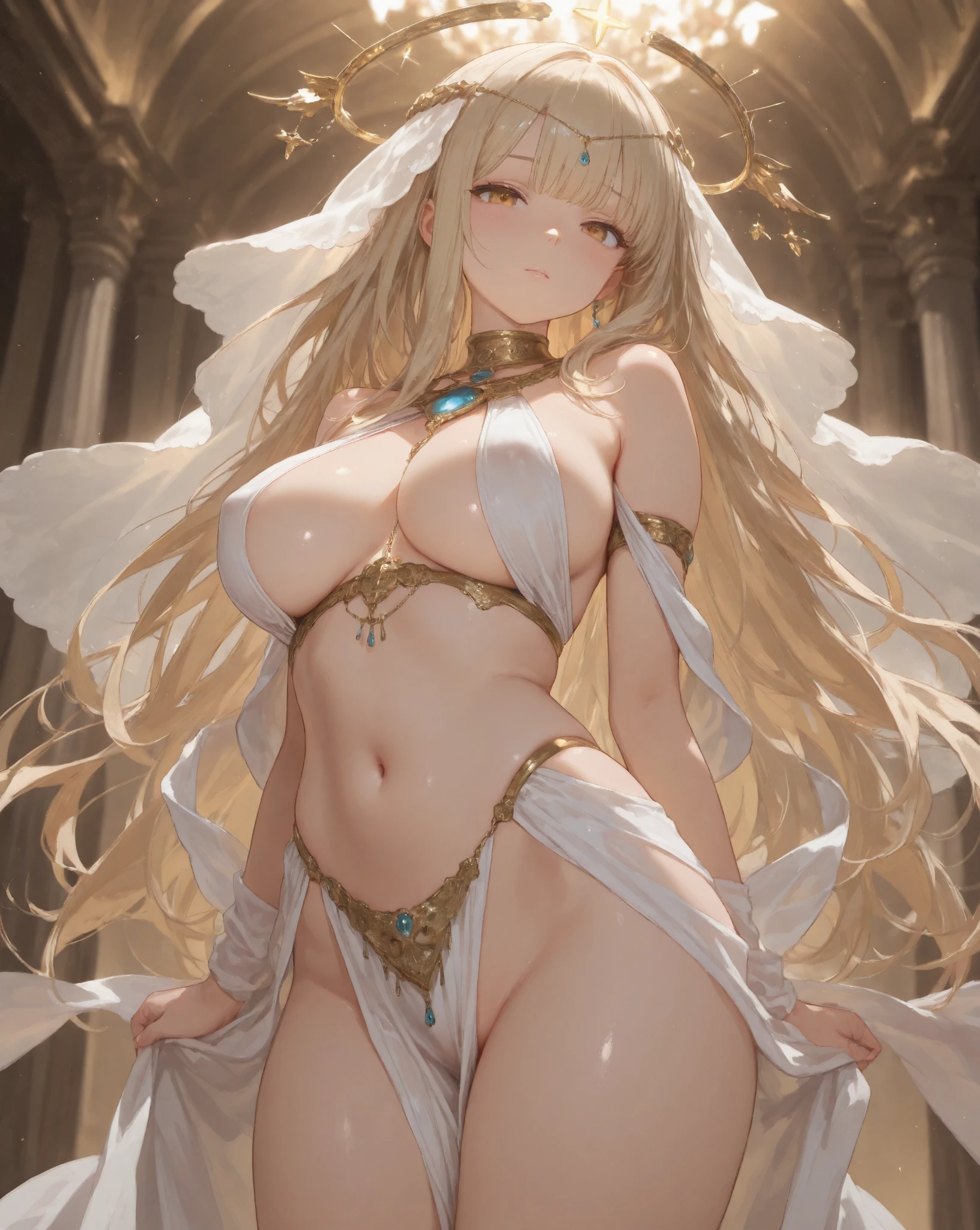Elf, tan skin, huge breast, thicc thigh, exhibitionist dancer, pink areolas ,see through face veil, armpits, dance, exhibitionist stand, clear view