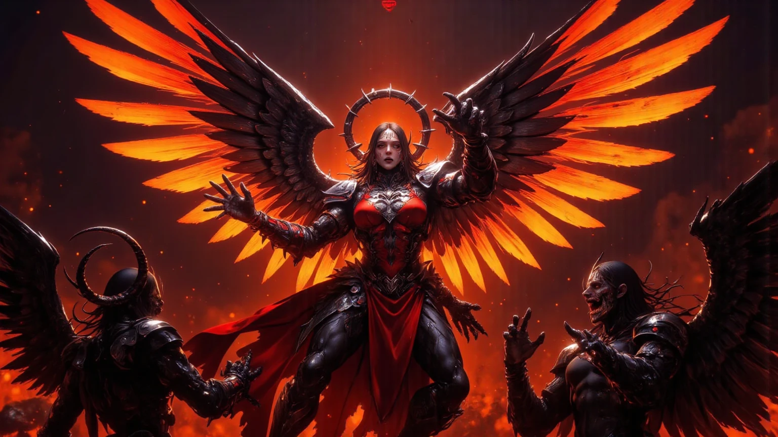 (((Red))) evil fallen angel depicted in a photorealistic style. The fallen angel is shown as a and sexy figure with ((())) huge firewings. The scene is set in an apocalyptic city engulfed in flames. The focus should be on capturing the intricate details of the fallen angel's anatomy and the realistic rendering of their firewings. The cityscape should be portrayed realistically, with crumbling buildings and intense flames. The atmosphere should be dark and chaotic, reflecting the apocalyptic theme. The camera lens used for this image is a ((70mm)) lens, capturing a medium shot of the fallen angel, emphasizing their expression and body features. The lighting should be dynamic, with realistic fire and smoke effects. The image resolution should be ((8K)) to ensure maximum detail and realism