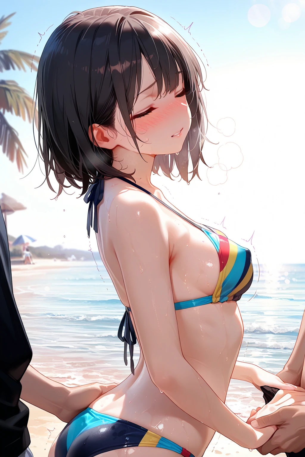 core_9, score_8_up, score_7_up, score_6_up, uncensored, Yukinoshita Yukino, black hair, long hair, blue eyes, naughty face, shiny skin, sweating, BREAK (masterpiece:1.2), best quality, high resolution, unity 8k wallpaper, (illustration:0.8), (detailed eyes:1.3), perfect lighting, extremely detailed CG, (perfect hands, perfect anatomy), hearts, pleasured, small breasts, belly, swimsuit, jacket, red_jacket, bikini, o-ring, sky, choker, thigh_gap, outdoors, day, collarbone, multi-strapped_bikini, bare_shoulders, open_jacket, off_shoulder, cowboy_shot, black_choker, ocean, cleavage, skindentation, beach, track_jacket, steaming face, steaming, BREAK, standing, arm under breasts, fellatio gesture, tongue out, saliva, gasping, heavy breathing,