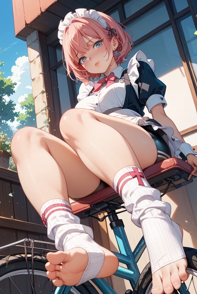 absurdres, highres, BREAK looking at viewer, full body, (from below:1.5) BREAK (vivid-color:1.3) BREAK (one girl:1.3), (loli:1.2),red hair, blue eyes, tennis uniform, hairclip, earrings, jewelry, nm1, hair ribbon, short hair, tennis cosplay, (pleated super short skirt:1.4), (thighs:1.3), large breasts, (grin, great laughter:1.3), open mouth, (folding one's arms:1.3), (breast:1.3), round eyes, (blowing in the wind:0.5), sweat around girl, dripping sweat, (((Very pretty panties))), (sit on a bench:1.3), (bare feet:1.3), (foot focas:1.2),(two feet:1.3), crossed legs, looking down,looking at viewer, perfect foot,(emphasis on the soles of the feet1.3), from below ceiling, breath, pov, (shiny skin:1.1), squall (wind:1.2), sense of speed, refreshing breeze, motion blur effect, wind BREAK background is (tennis court:1.3), (Stand in the center of the screen:1.3), (10,000 people spectators:1.3), multiple people behind you, blue sky with clouds, outdoors, (magnificent panorama view:1.2), wind BREAK sunlight, magnificent view, rainbow in the sky, light particles, dynamic angle, dutch angle, perspective BREAK (daytime, sunbeam:1.2), depth of field, bokeh, light leaks, (chromatic aberration:1.2), noon BREAK