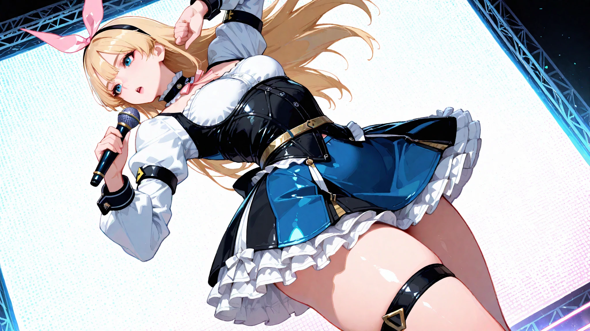 (masterpiece, best quality:1.2), 1girl, solo, blond hair, blue hairband, blue hair ribbon on the left, white-blue breast, black gloves, knight skirt, Solid color background