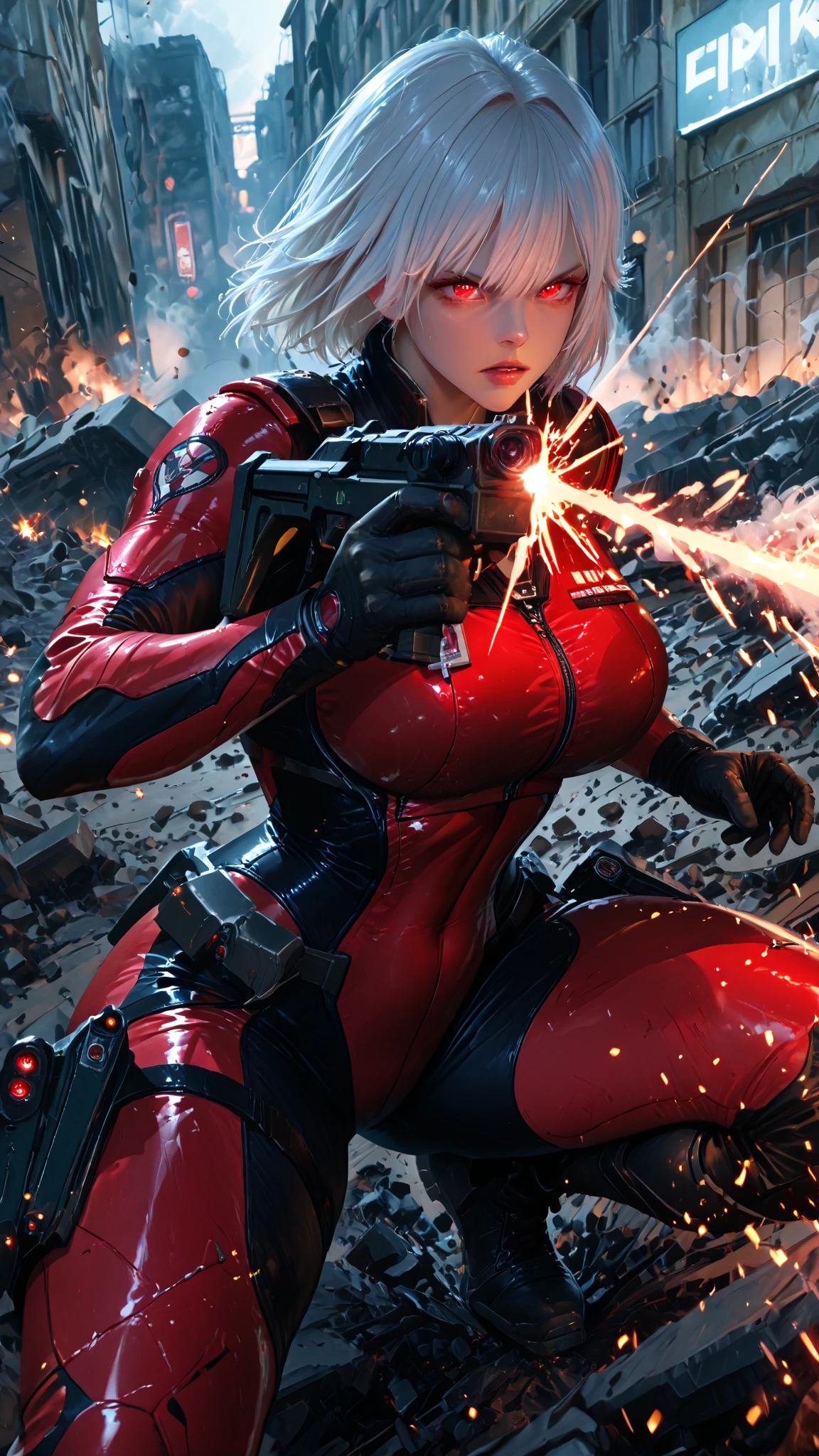 A very energetic Retrouse , (A very energetic Retrouseのとがった乳首:1.0), (A very energetic Retrouseのとがった乳輪:1.0), (Wearing a mechanical armor suit:1.3), Visible navel, Visible thighs, (Focused on a small dynamic 21 year old woman with a laser gun:1.3), (A woman dynamically aiming a laser gun at enemy troops:1.3), (Detailed Warzone battle backgrounds:1.3), (petite and short stature:1.0), (thin waist:1.1), (blondeのポニーテール), (dynamic action angles:1.3), (Laser gun with realistic and accurate details :1.3), (Surrealistic intricate sharp details:1.2), (contrasting light:1.2), (it's raining:1.2), (Wet:1.4), (at night:1.2), (Accurate reflections:1.2).camel toe、huge tit、nipple puff、cleavage、Psycho Gun、cobra、(Red Suit、blonde)、片腕がPsycho Gun