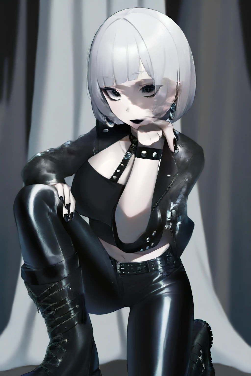 Masterpiece, best quality,extremely detailed,ultra detailed,(one woman,shoulder-length black hair,black leather jacket under a white shirt,leather black pants,(heterochromia,silver eye,black eye:1.5):1.3),(resting her back to a concrete wall:1.4),from front,the whole body,solo,Squinted eyes,black choker,serious face, Beautiful eyes,perfect eyes,perfect hands, perfect finger, perfect legs,