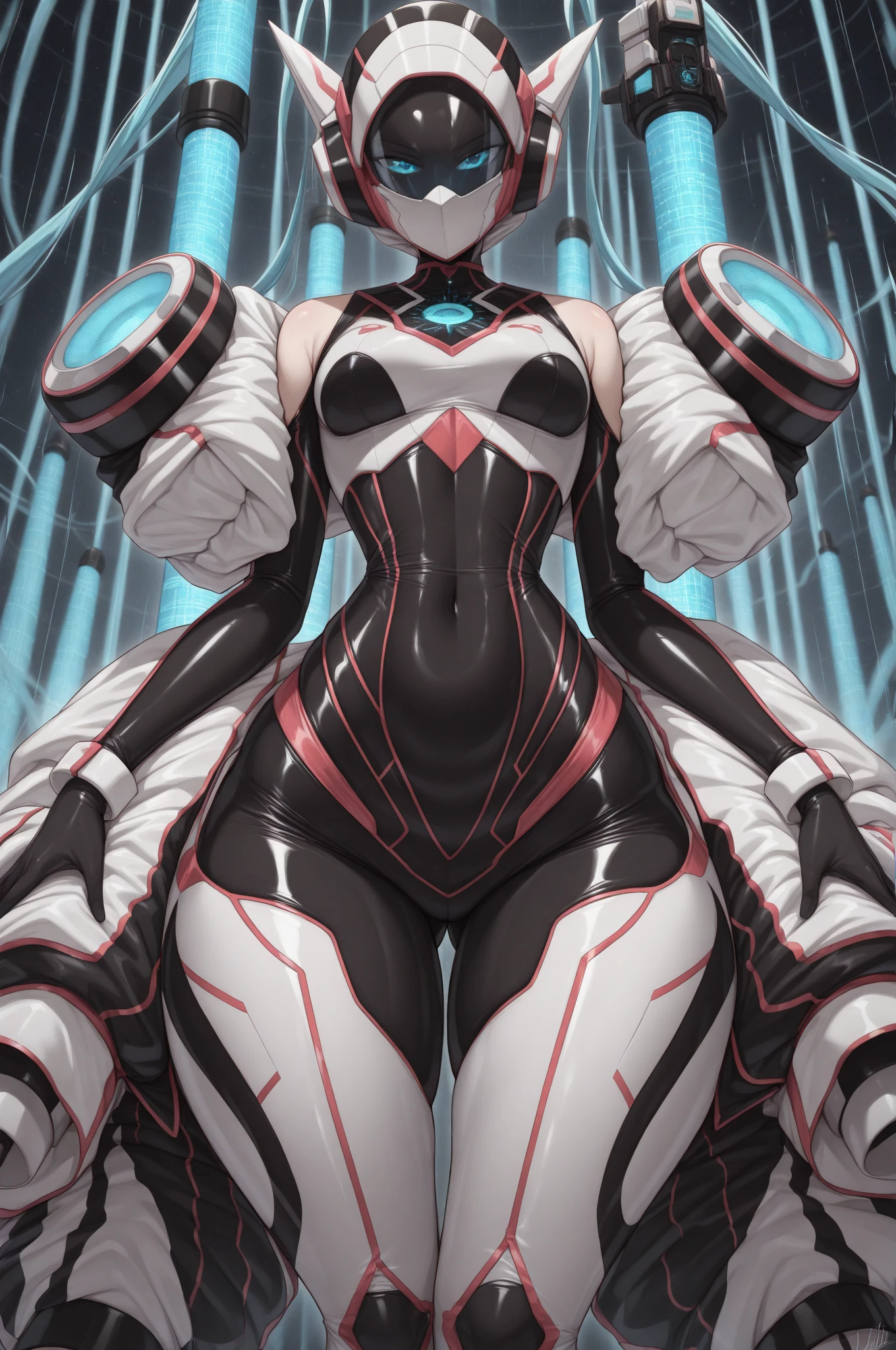1girl, red eyes, blue hair, very short hair, ponytail, large breasts, hourglass figure, bodysuit, black bodysuit, neon, neon trim, machinery, tech, science-fiction, red glasses, futuristic, smile, standing, full body, ((full body)), shoulder armor, long ponytail, braided bonytail, braid, single braid