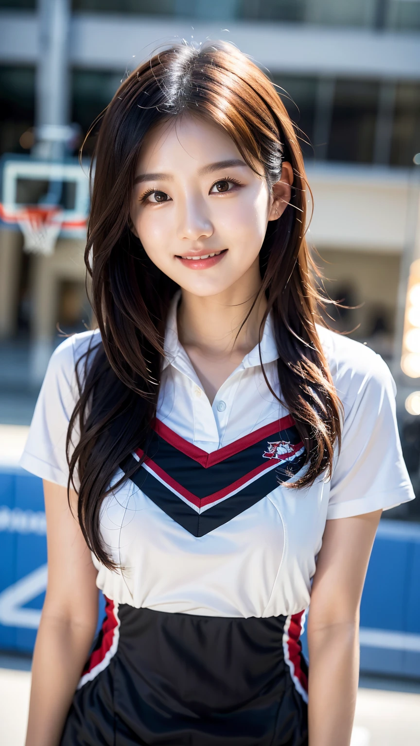 best quality, masterpiece, ultra high res, 8K, raw, (photo realistic:1.4), professional lighting, low angle, (detailed background:1.5), (indoors, Sports Center), toned, dynamic pose, 1 girl, cute, smile, sweat, open mouth, tiny breasts, wavy hair, detailed clothes, (volleyball uniform:1.3)