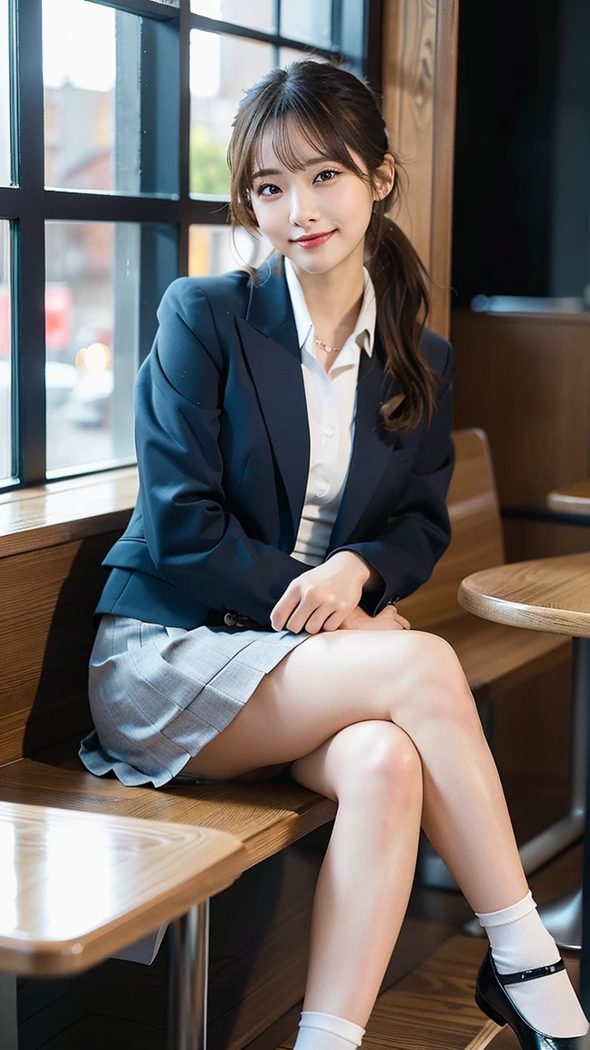 Japanese Beauty、Business service, gray skirt, business clothes, Work clothes, Work clothes, Catalogue photo, from me, Detailed image, business clothes装, Image Center, grey, white shirt and gray skirt, wearing a business casual dress、Her white panties are visible from under her skirt、laughing、sitting、slim japanese woman、thin shirt