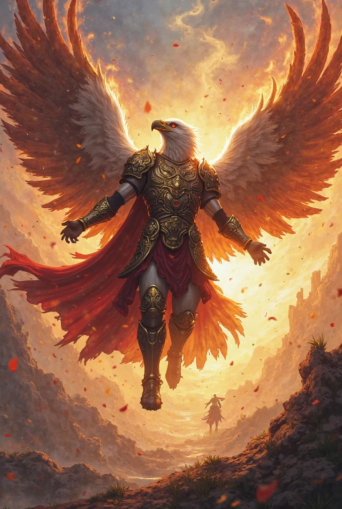 The anthropomorphic eagle vulture can be described as having a human body and (eagle's head) and golden wings, human arms, upright walking creatures, ((beautifully detailed griffin)) (extremely detailed CG Unity 8k wallpaper), professional majestic oil painting by Ed Blinky, Atea Gaylan, Studio Ghibli, Jeremy Mann, Greg Manches, Antonio Exhibited at ArtStation, Moreau was popular at CGSociety, with dramatic photorealistic paintings by Complex, High Detail, Sharp Focus, Midjourney, and Greg Rutkowska. super high resolution, best quality, photos, 8K, (Realistic: 1.2), cinematic lighting, giant in bright gold robe with golden feathers, floating on the crystal throne, floating on a crystal cloud, yellow eyes, bright yellow light emanating from the throne, gemstone floating in the sky, God, a beam of light shrouds his body, The crystal throne has large translucent (golden feathered wings) with wings spread, Golden light overhead (aura: 1.2), abdominal muscles wearing medieval golden armor, golden feathers, masculinity, darkness, masterpiece, best quality, intricate details, snow environment and crystal in background, crystal cathedral, futuristic portal, 3D light, HD, magic, light god, backlight, detailed face, fear, depth of field, soft lighting, tone mapping, high detail, concept art, smooth, clear focus, dramatic lighting, highly detailed art, film, 8K, Amazing shadows (highly detailed background: 1.2) --auto --s2