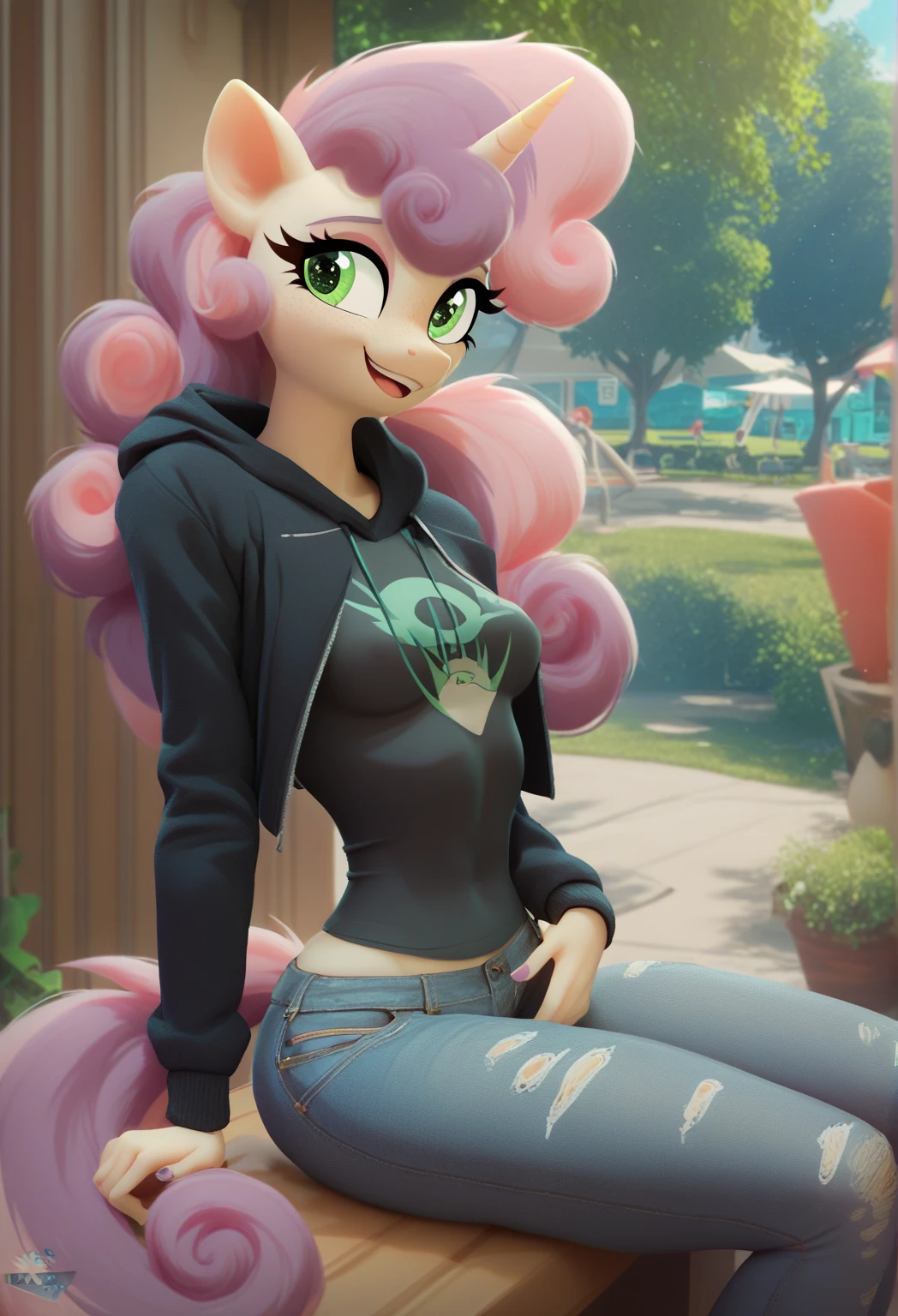 (score_9), (source_ derpibooru_p_95), (earth pony), ((anthro posey bloom :1.1)), (shoulderless top, cute skirt), shy, blushing, solo, realistic long hair, bangs, anatomically correct, nice flat chest, very curvy figure, high res, pink bottom lip, extremely detailed, absolutely stunning, makeup, 
