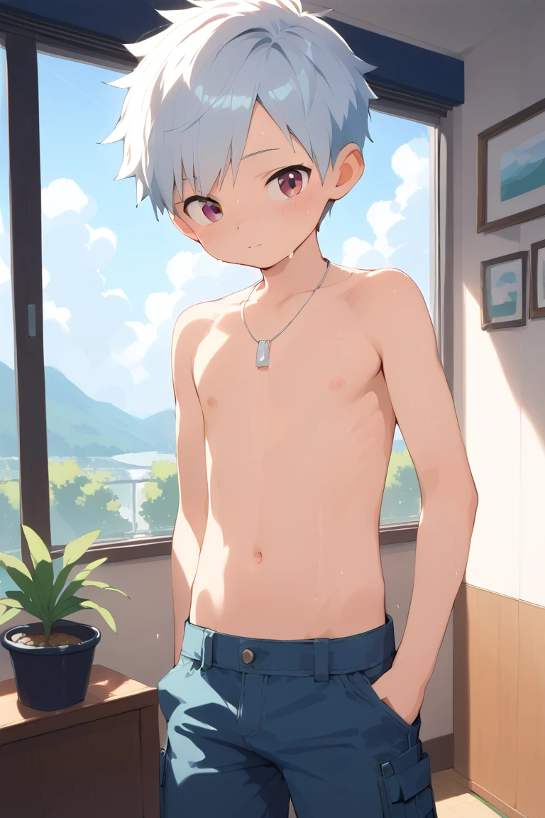 cute boy 12 years old, thin , very embarrassed, naked shirtless, masterpiece with white hair and blue eyes in short white tight swimming trunks, released uncensored, clear contours, slim stomach, leans on the table, thin, Makoto Shinkai style, view from the back