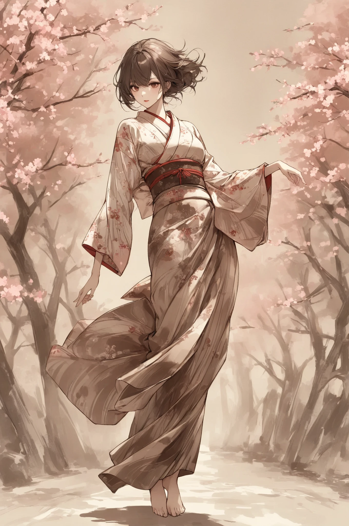 pop art、 Digital Art 、drawn with brown ink on white paper、 Japanese Kimono、Full Body、 Lashes、strong, deep, and glowing dark eyes、lips are red coordinated、with white and brown brush strokes 、 melancholy expression、Thin slanted 、highly detailed and dynamic、 express shadows with precise lines 、Delicate and accurate expression、Cherry blossoms dance in the background、modern art、Stroke Style, dark sepia filter