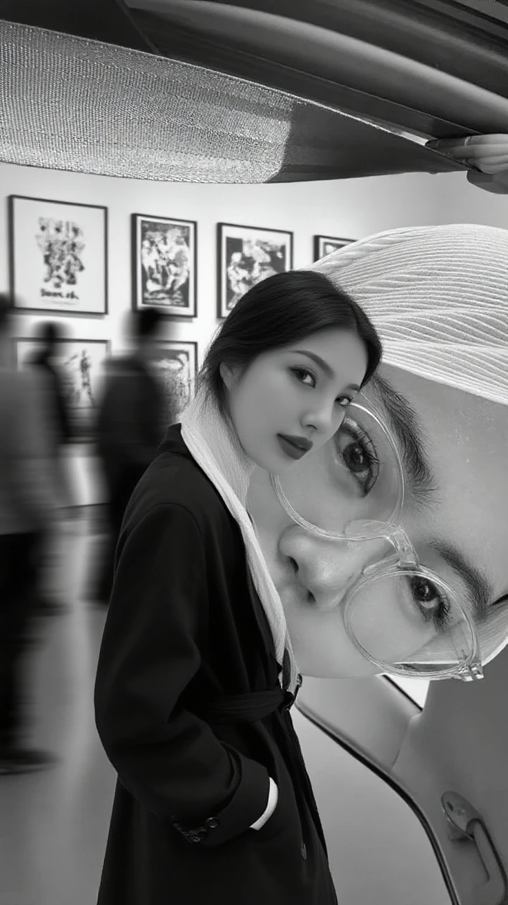 full glossy, porcelain, A Playboy style bunny and a beautiful Indonesian woman in a hijab sitting on a chair in a black and white coffee cafe,disco bright background with droste style
