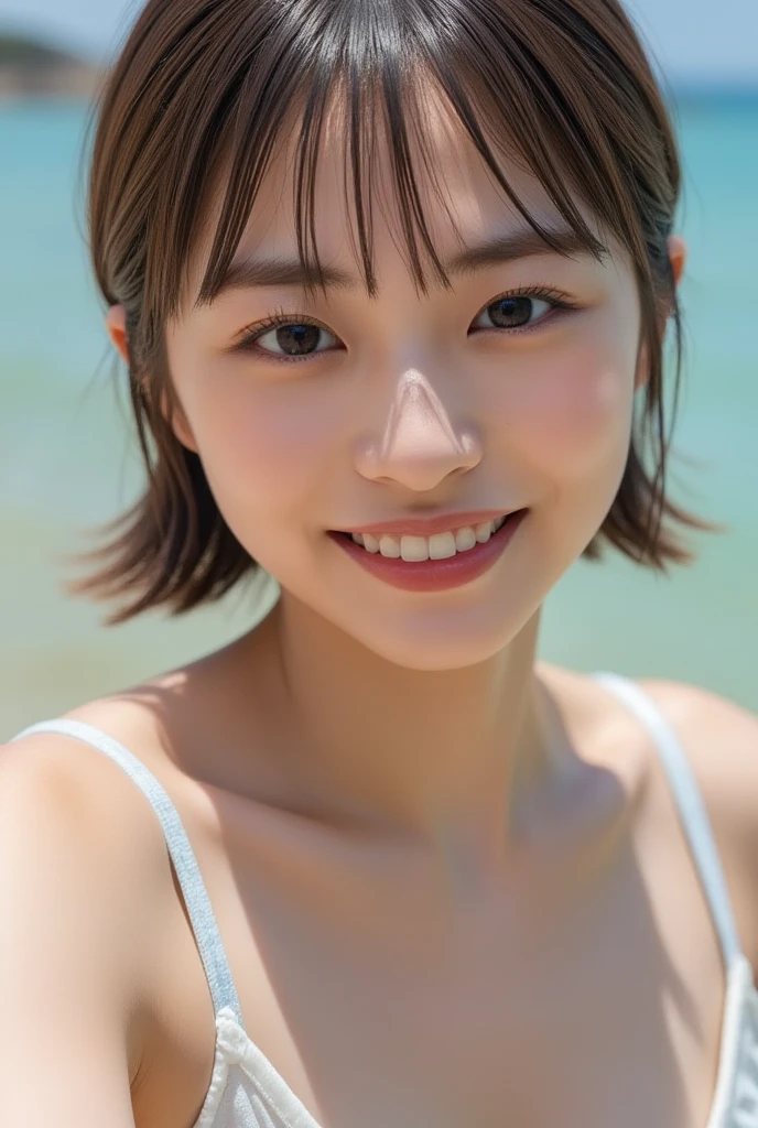 Real、Women's 1、clear、I have bangs.、Age 25、Mature、Medium Breast、??? appeal、Butt、((Highest quality, In 8K, masterpiece:1.3)), smile、Floral swimsuit、bikini、Beach、Ocean、Brown haired、(Blunt bangs:1.2)、、Maintain the original face proportions、Broad shoulders、Brown haired、Floating Hair、Lips、lipstick、誘惑的なsmile、Floating Hair、Bright sunshine,Refreshing sky