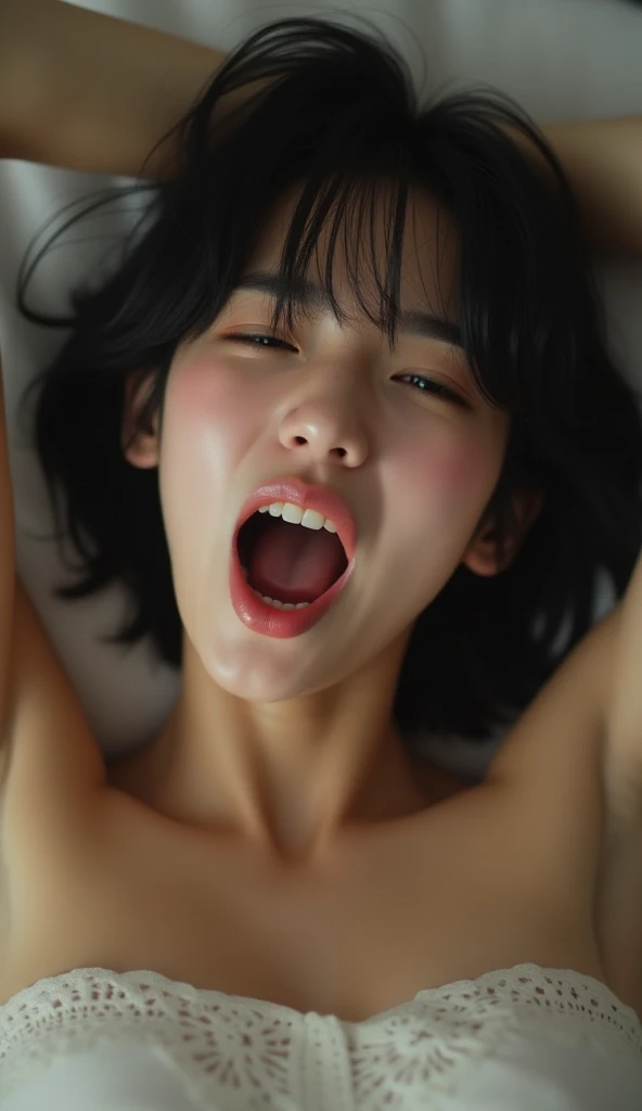((Highest quality)), ((masterpiece)), (detailed), (realistic, photo-realistic), ((One Japanese Slut)), (low rise bikini, glamorous, cleavage, leaning forward, natural makeup), (messy hair:1.5), (hotel, modern sweet bed room, modern queen size bed, indoor), (sweat skin:1.3), BREAK, (ecstasy:1.4) , (slut:1.1), (vulgarity:1.3), (fucked silly:1.2), (steam:1.1), (tears:0.9), (smile, open mouth:1.3), (orgasm:1.5), (panicking:1.4), surprised, wince, (angry:1.1), (Erotic), Ahegao, nsfw