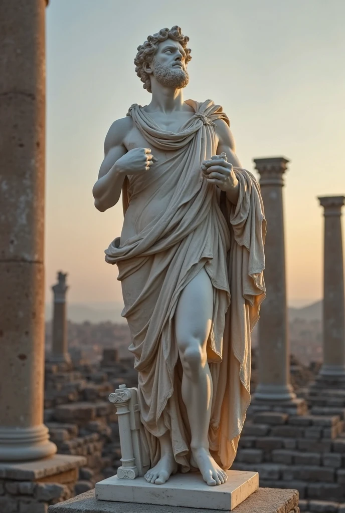 Stoic Greek statue stands with a city in the blurred background cinematic 8k