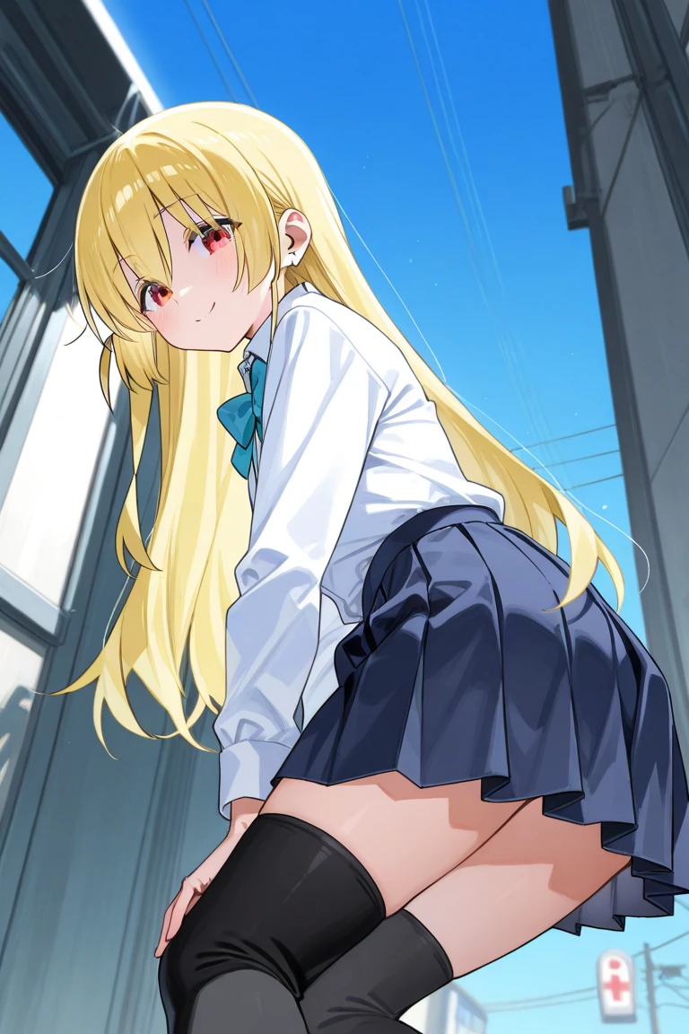 (Masterpiece:1.2), Best quality, A high resolution, Original, (Extremely detailed:1.2), Ultra-detailed, the wallpaper, Perfect lighting,(Extremely detailed CG:1.2), 8K, illustration, 1girll, Solo, blond hairbl, Embarrassed, school uniform, Pleated skirt, Shiny clothes, stooped, Wind lotus skirt, pantyshot, (Delicate panties:1.34), butt, Classroom, from behind, back-angle, Anime style,inside school anime , anime class background class, class with students