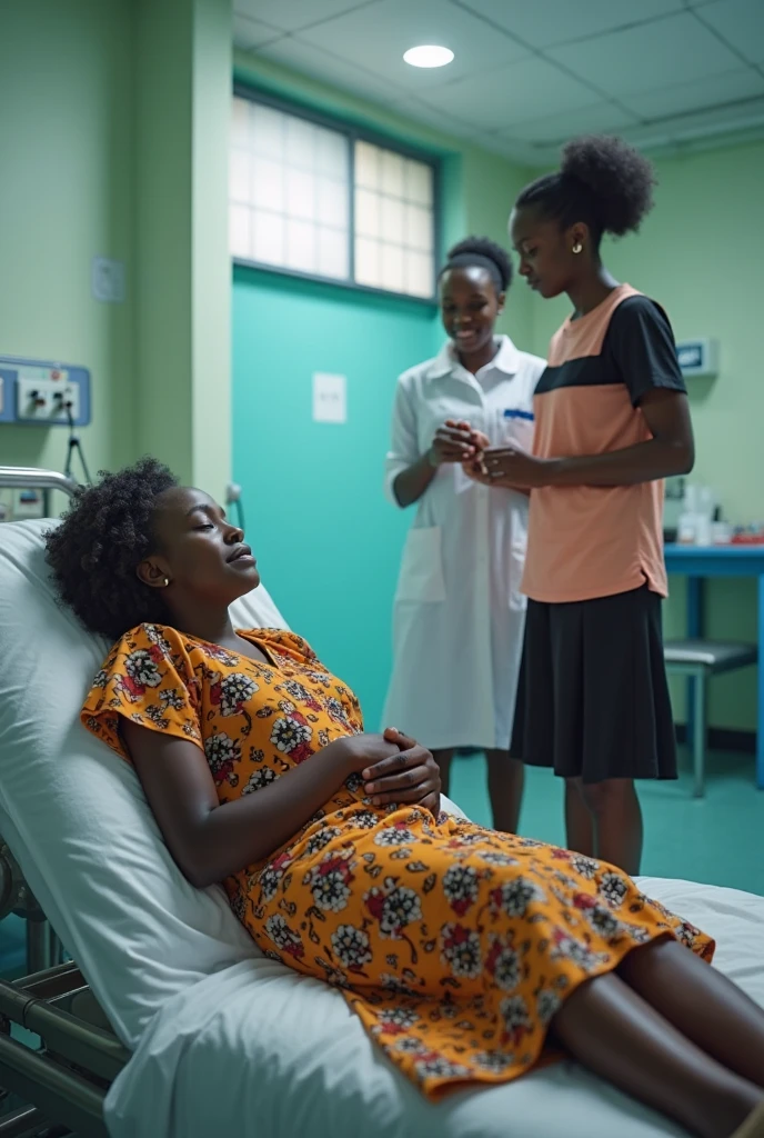 Generate image of African Igbo maternity hospital with pregnant woman named chioma in the labor room with igbo nurses lady named nkechi a lady of about 35years and igbo midwife woman of about 50years delivering  a baby
