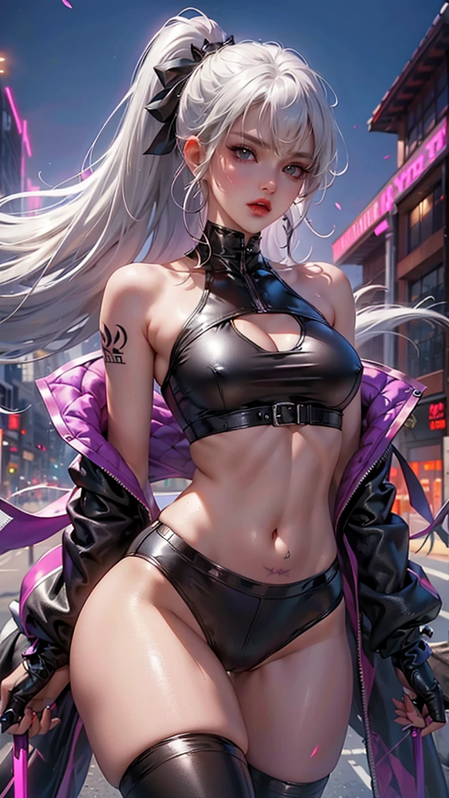 masterpiece,best quality,high resolution,8k，Focus on thighs and above,original photo,digital photography,(sci-fi style women),20 year old girl,Long ponytail hairstyle,through bangs,(purple eyes),(white hair),huge ，huge ，huge ，plump breasts,felling,Elegant and noble,Serious and indifferent,Open white coat,Black camisole bra,Rich details​,shut your mouth,show your belly button,intricate ornaments,Cyberpunk futuristic style,(female scholar),photo poses,White background,oc render reflection texture， (巨大而huge山雀:1.1)Grooves reveal original skin