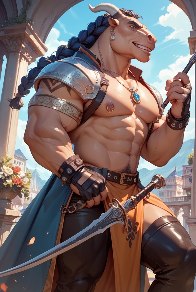 Highlander drawn from FFXIV,He was naked,Wear a transparent G-shaped bikini,The man looks confident and determined,Chest hair,Leg hair,pubes,Carrying a giant sword on his back
