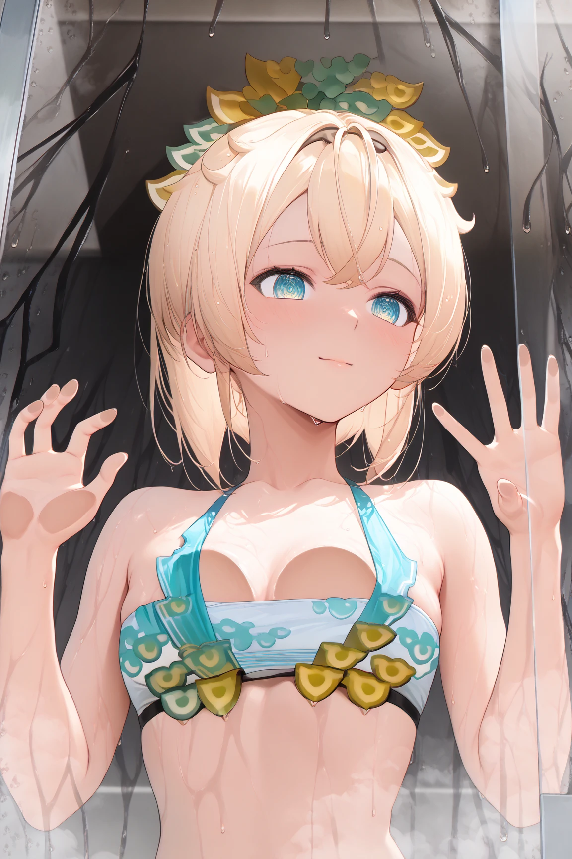 (masterpiece:1.2), (highest quality:1.2), perfect eyes, perfect face, perfect lighting, middle ages, bed, 1 boy,blonde aqua eye, ((((((hair over one eye)))))), Braid Styles, spiked hair, blunt bangs, bob hair, a braid, Ahoge, ((((white bikini armor)))), cute eyes, medium breast, glaring, open mouth, ((from above)), ((front)), arms behind back, Vivid depiction, ((spread legs)), orgasm, scared, , ((abs)) ahegao, smile+happy, fang, spoken heart