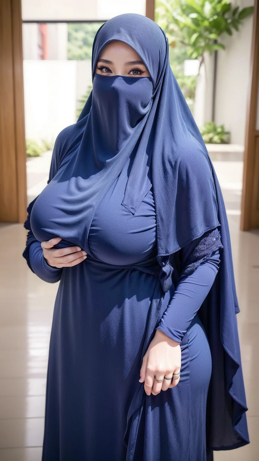 a beautiful young woman hijab, (((super big breast))), (very big breast covered), (Big breast), bare breast, perfect face, (((very huge big breast,))), ((( Big Breast))) long dress muslim, (((covering mouth, long veil))), Slim Face、20 years old, stil young, Pretty Lady, smile eyes, stand up, (big breast covered) , see full body, batthroom
