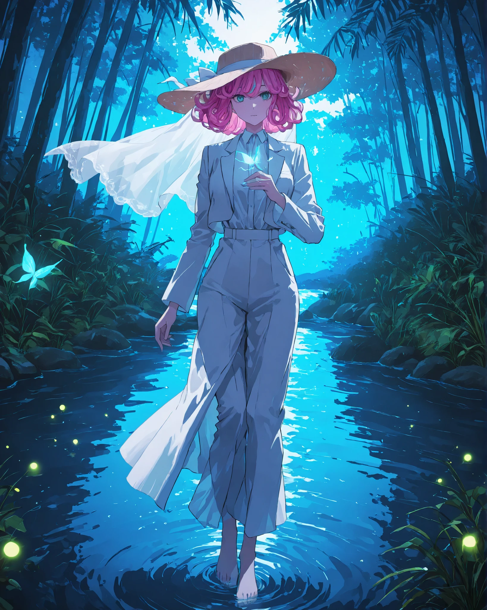 masterpiece, very detailed, vivid colors, 4k), {1girl}:(Brazilian anime-style girl in a riverside party dress and soft, curly hair, barefoot on the moonlit bank, holding a delicate white veil and gazing at the misty water), BREAK {1man}:(A mysterious man in a white linen suit and wide-brimmed hat—the spirit of the Pink Dolphin—emerges from the bright pink mist over the river), the man appears behind the girl, fireflies hover around them, casting a soft, warm light, the background is filled with tropical trees and shimmering reflections of the water, dreamlike and slightly spooky atmosphere. --v 5 --ar 3:4 --anime style