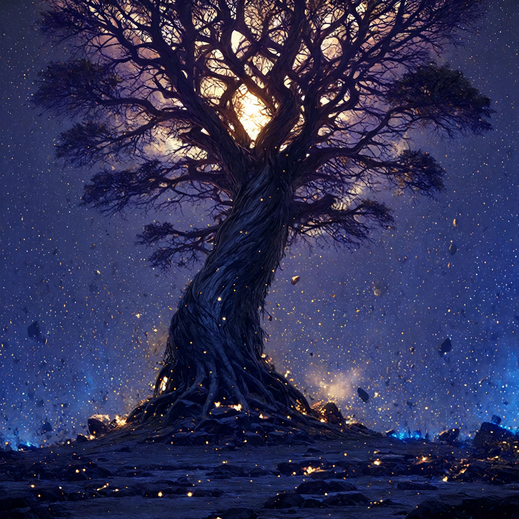 (masterpiece, best quality), amazing breathtaking image of a large majestic tree rooted atop a floating rock, centered composition, cinematic shot, fantasy setting, mystical aura, colored lighting, volume lighting, effect, professional view, professional framework, dramatic lighting, particles, under lighting, intense lighting, zoom layer, have one's back,