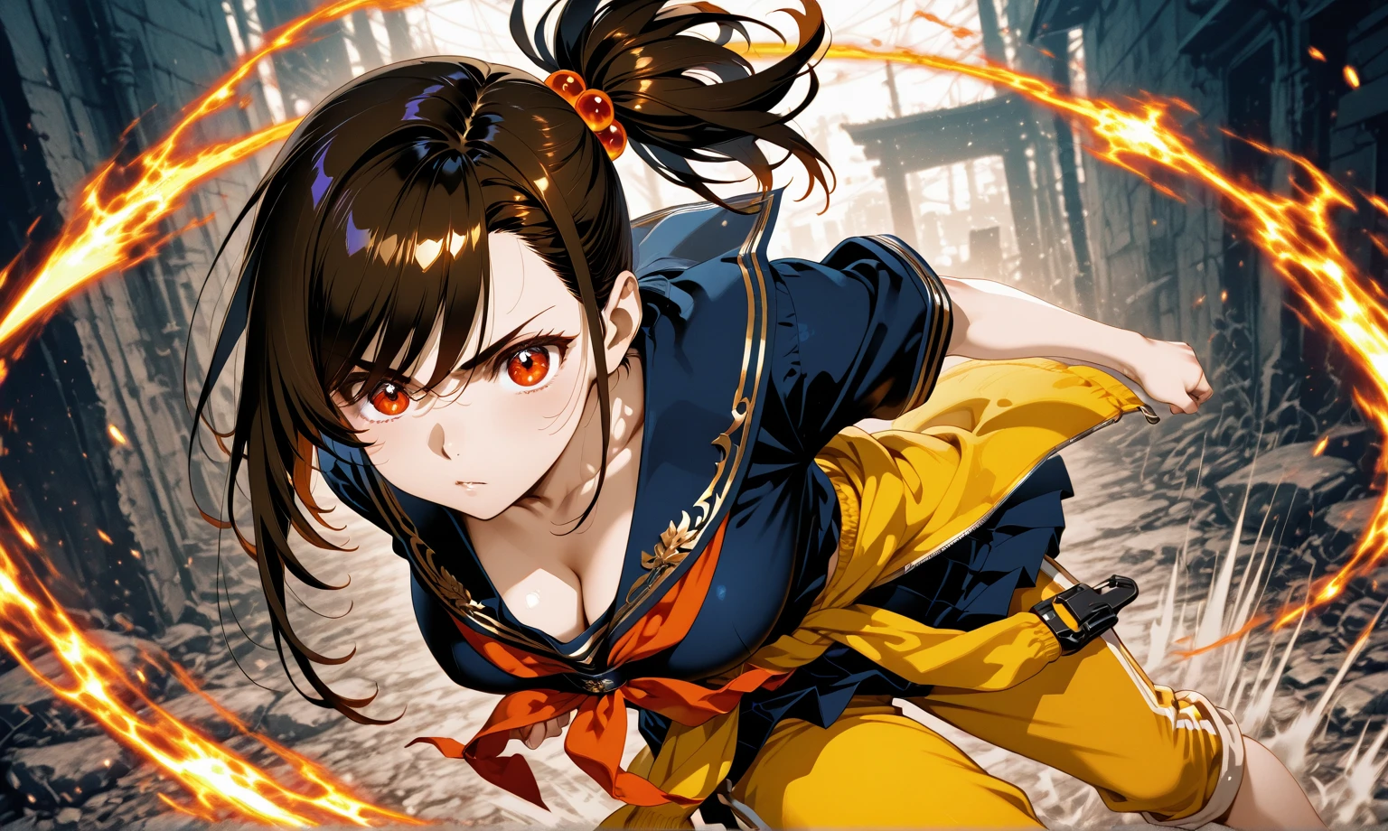 <lora:Kim Wu:1> Kim Wu, 1girl, solo, red hair, orange eyes, thighhighs, midriff, thighhighs, long hair, violet_outfit, violet chinese clothes, qipao, ponytail, thigh strap, sandals, weapon, Nunchaku, Hour Glass Figure, shrine, portrait, looking at viewer, ((masterpiece)), ((Best Quality)), ((Extremely Detailed)), ((Ultra Quality)), ((4k))