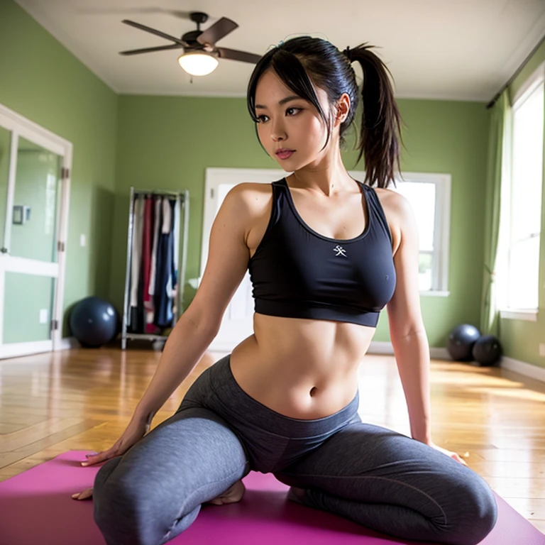 sfw, best quality, ultra high res, ultra detailed face and eyes, detailed body, (photorealistic:1.4), (1girl:1.4), 18 years old girl, white skin, detailed background, (gym in city:1.2),(practice yoga:1.4), from front, (blue:pink:green yoga top, pants:1.5), (light grey:black hair:1.4), yoga uniform, looking at viewer, smiling, cute, (small ass),(long legs),(flat_chest:1.5), narrow waist, blue eyes, (corp legs shot), professional light, face focus,