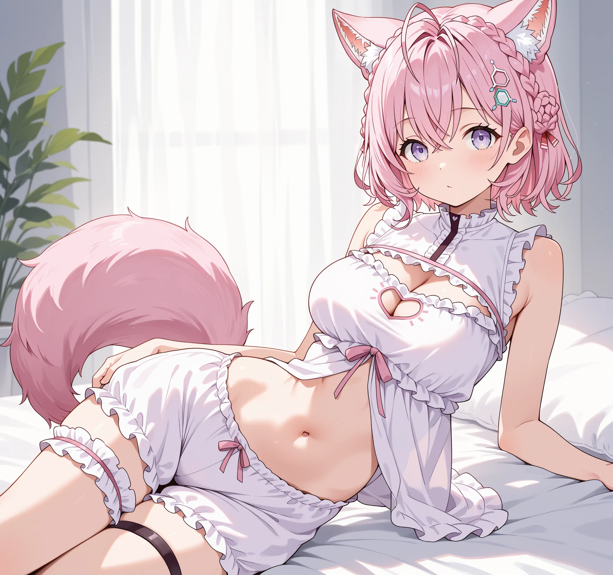 One girl anime styled。girl with。Blue eyes。 in estruig fox Tail。Looking at the camera,fox ear, pink hair, white crop top, fox tail, girl 18 old , utral light, sitting in the bedroom,hair hair, wear pantie, wear dress, salon,Wet and see-through、cute little、blushed、Chest cleavage、thighs thighs thighs thighs、No bra、witheout panties、high-level image quality、Vivid、high detailing、(( breast: 1.2)), ((blush face: 1.3)),((wet clothes:1.5)),wear white legwear,pink bikini,,((peeing:1.5))