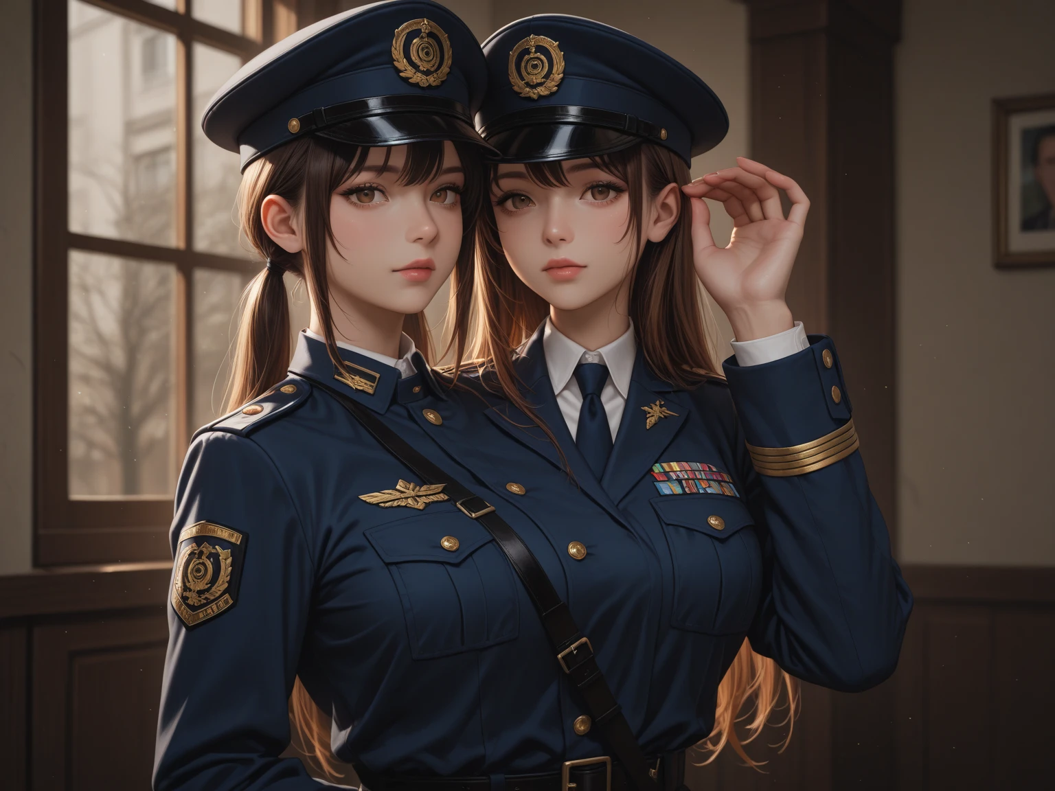 an awarded profesional photography of 1girl  bridgetfonda (pale white skin, beautiful hazel eyes,)  four-strand braid wavy hair dark brown  with veil with fingernails British Women's Auxiliary Air Force (WAAF) Uniform: Khaki/blue-gray, jacket and skirt, shirt and tie, black stockings, service cap  determined,she make Running fingers through the hair pose in a on a bridge , in winter Georges Mlis  Emergency Lighting,(epic scene:1.3),ultradetialed character with perfect face,detailed skin,(ultrasharp:1.3),(masterpiece:1.1),best quality AS-YoungV2,(photorealistic:1.2),ultrarealistic,realistic ultradetailed character,4k perfect quality,Over-the-shoulder shot<lyco:GoodHands-beta2:1>Magnificent,Imperceptible detail,Intricately designed,